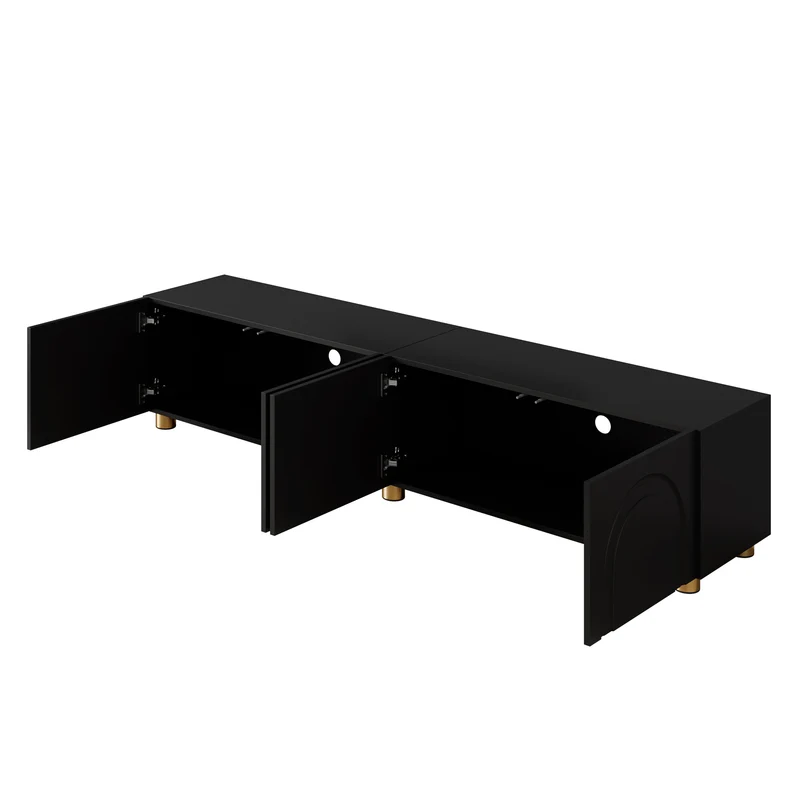 Meuble TV noir 4 portes à relief arqué pieds dorés, style moderne PLANTGRAY