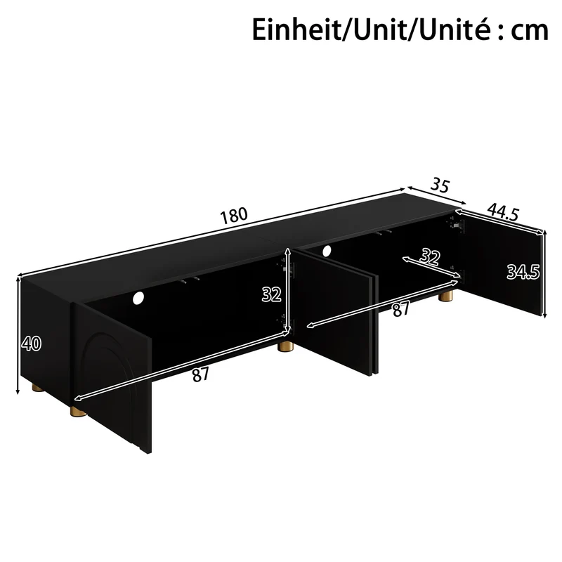 Meuble TV noir 4 portes à relief arqué pieds dorés, style moderne PLANTGRAY