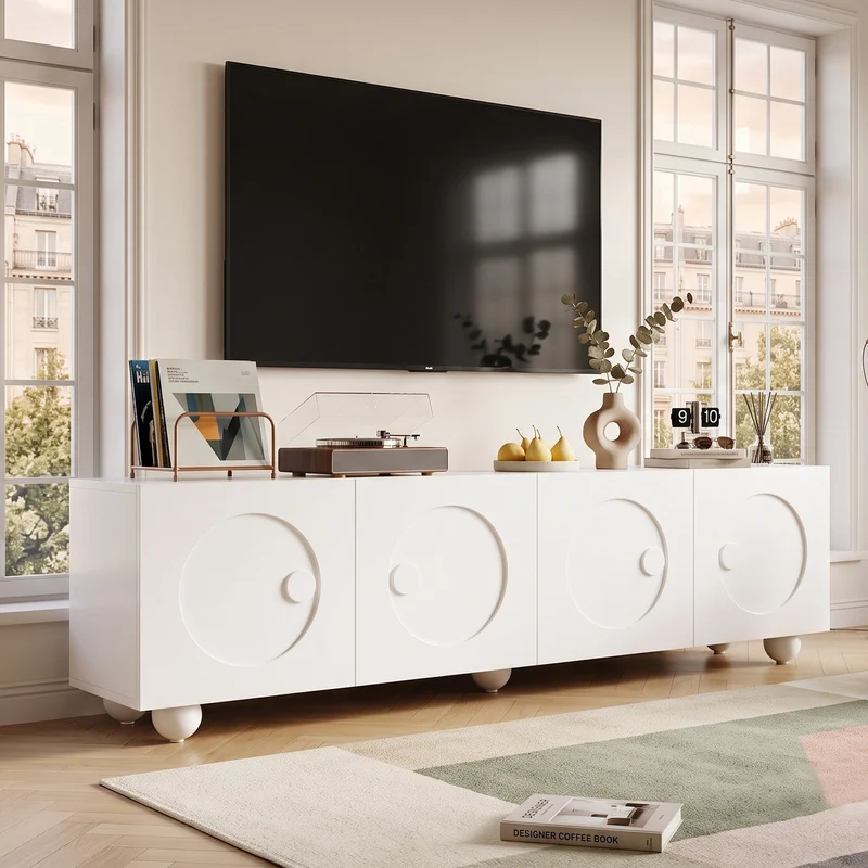 Meuble TV blanc motifs circulaires 3D et 4 portes avec pieds sphériques RATTANBOX