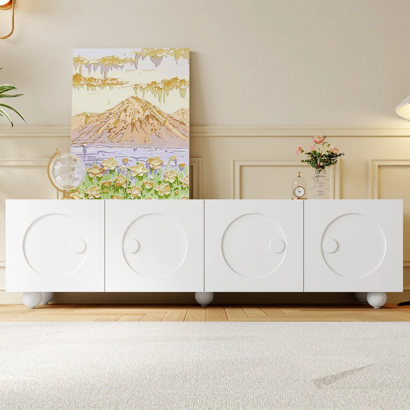 Meuble TV blanc motifs circulaires 3D et 4 portes avec pieds sphériques RATTANBOX