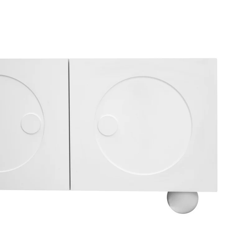 Meuble TV blanc motifs circulaires 3D et 4 portes avec pieds sphériques RATTANBOX