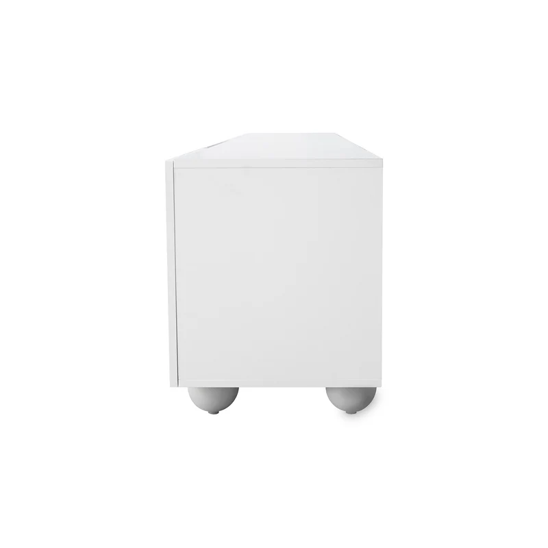 Meuble TV blanc motifs circulaires 3D et 4 portes avec pieds sphériques RATTANBOX