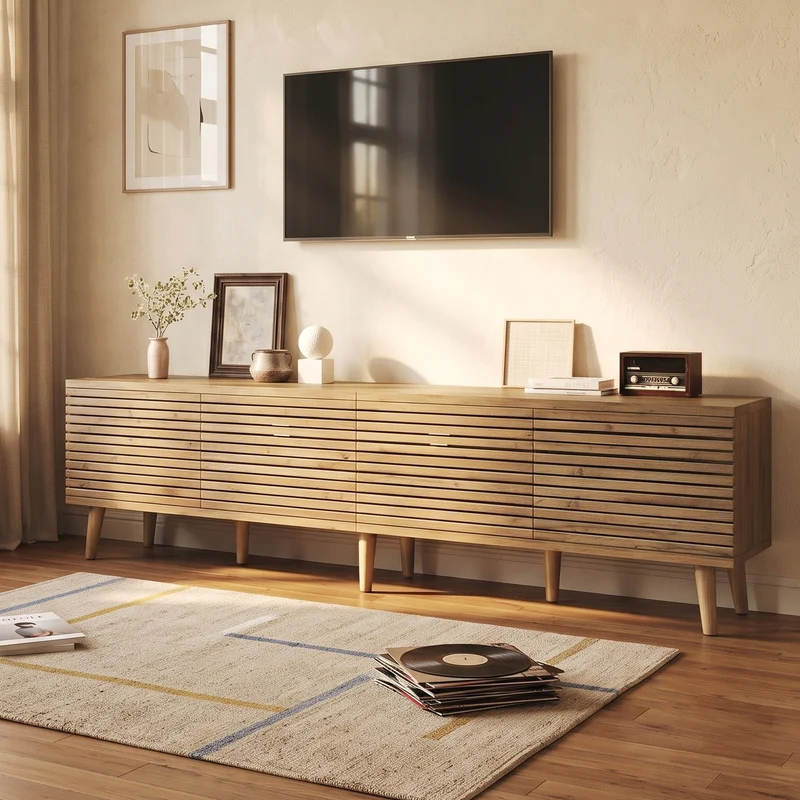 Meuble TV effet bois design à latte 4 portes rangement 180×40×46cm PANELNEST