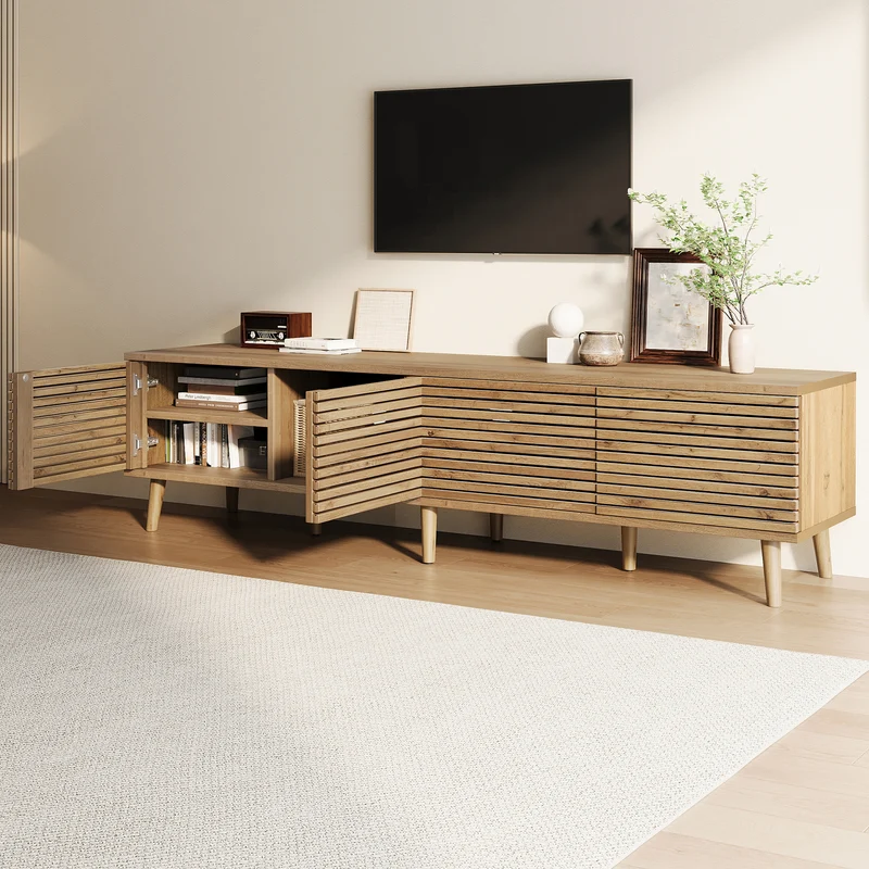 Meuble TV effet bois design à latte 4 portes rangement 180×40×46cm PANELNEST