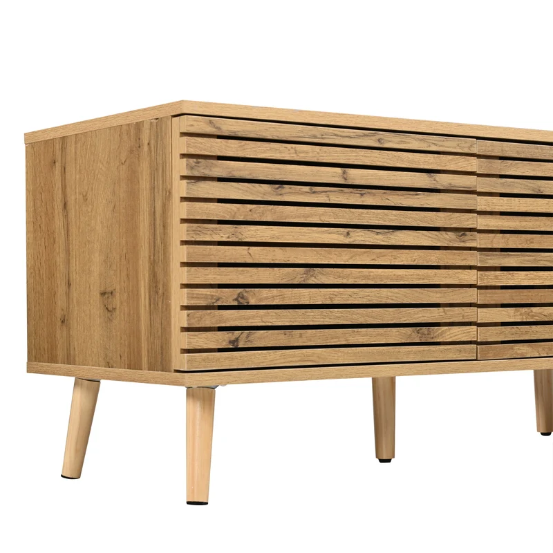 Meuble TV effet bois design à latte 4 portes rangement 180×40×46cm PANELNEST