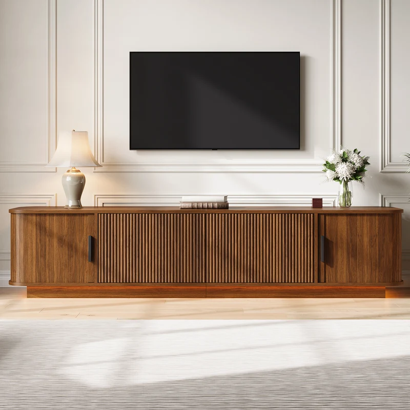 Meuble TV effet noyer avec LED 2 tiroirs 2 portes coulissantes 180×40×40cm PILLOWWICKER