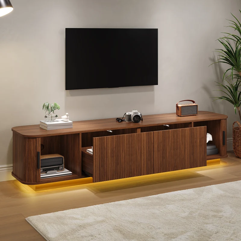 Meuble TV effet noyer avec LED 2 tiroirs 2 portes coulissantes 180×40×40cm PILLOWWICKER
