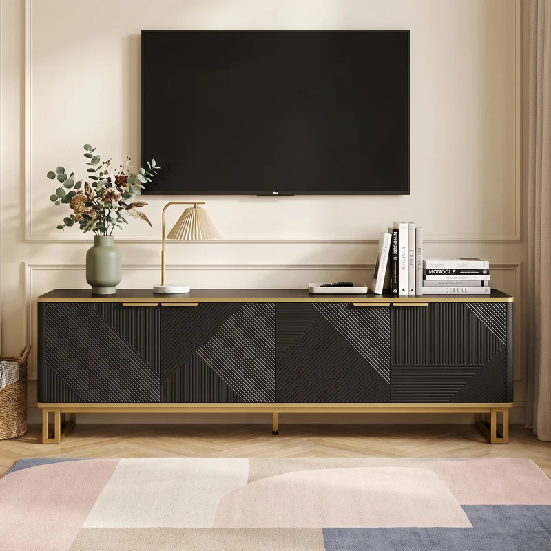 Meuble TV noir design géométrique doré et 4 portes 160cm PILLOWMARBLE