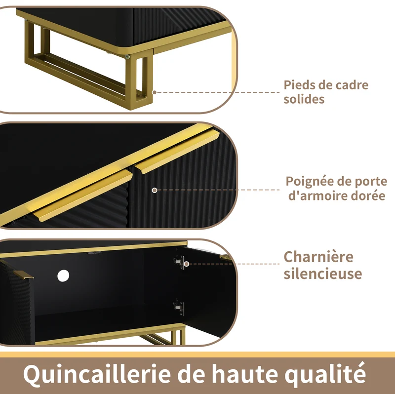 Meuble TV noir design géométrique doré et 4 portes 160cm PILLOWMARBLE