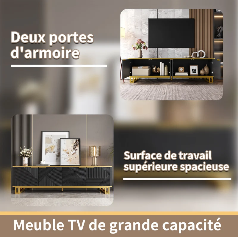 Meuble TV noir design géométrique doré et 4 portes 160cm PILLOWMARBLE