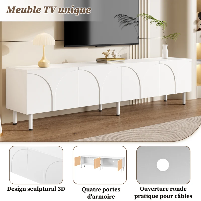 Meuble TV blanc design arche 4 portes 180×35×49cm PLANTEDGE
