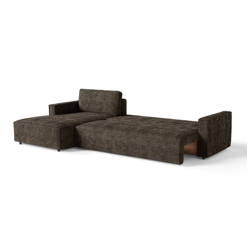 Canapé d'angle gauche convertible avec coffre finition noyer LENO Velours tramé