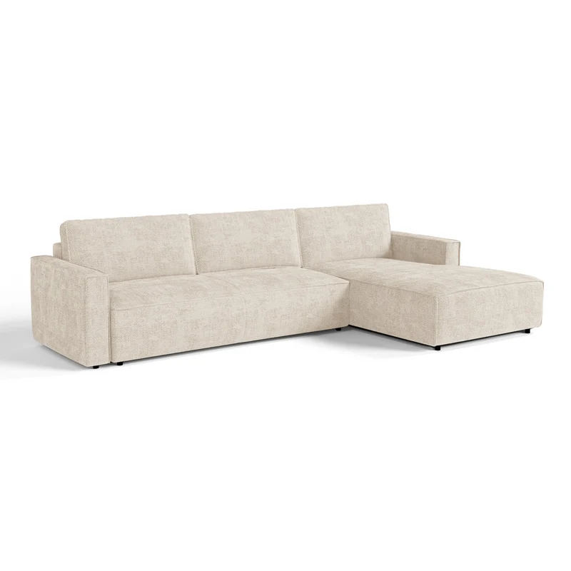 Canapé d'angle droit convertible avec coffre finition noyer LENO Velours tramé