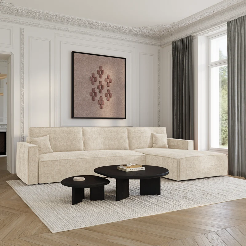 Canapé d'angle droit convertible avec coffre finition noyer LENO Velours tramé