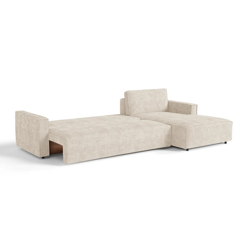 Canapé d'angle droit convertible avec coffre finition noyer LENO Velours tramé