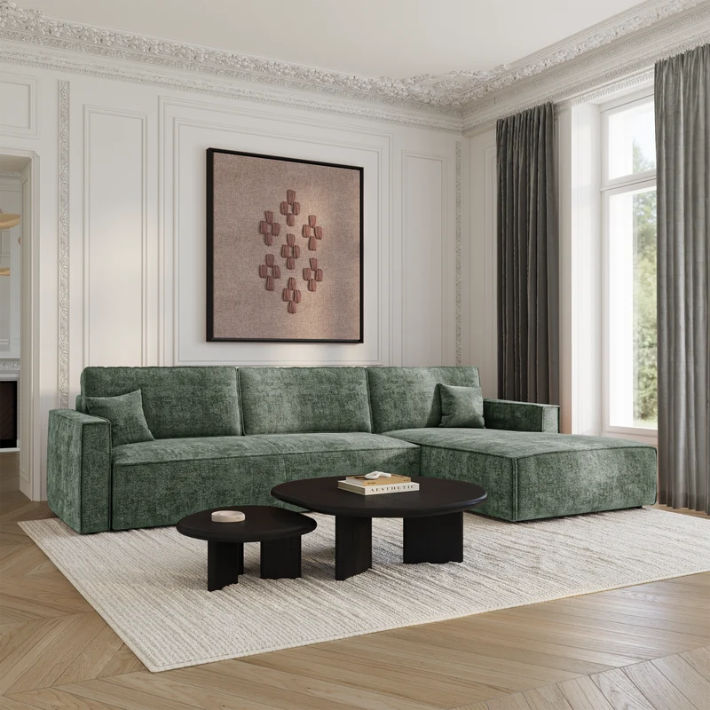 Canapé d'angle droit convertible avec coffre finition noyer LENO Velours tramé