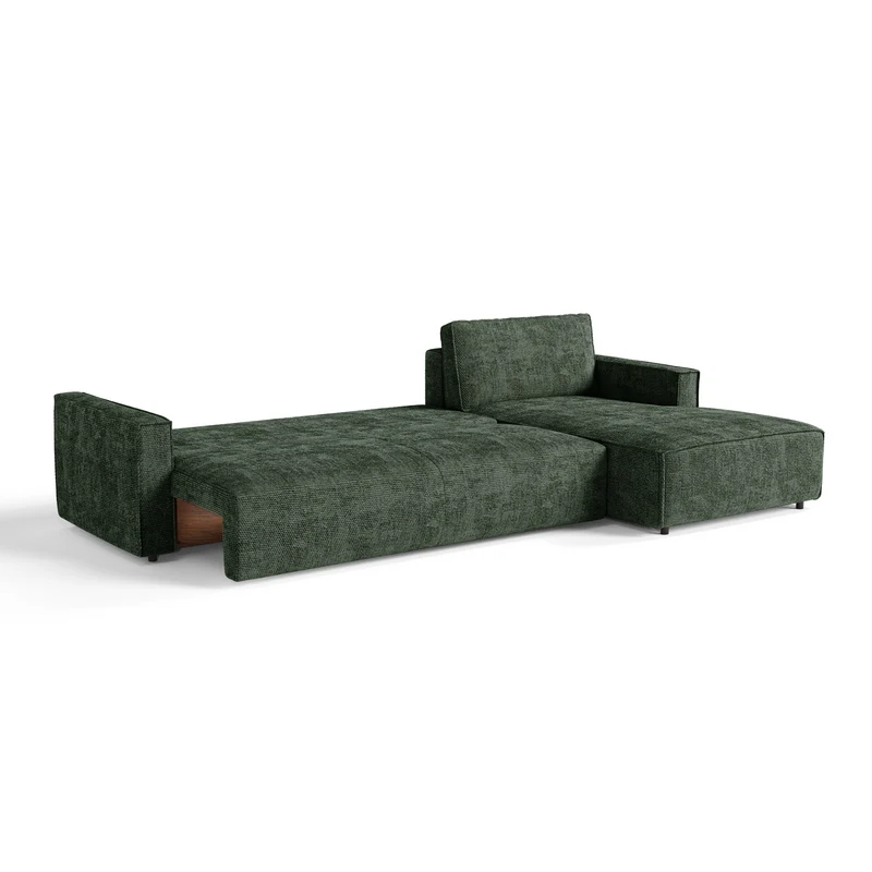 Canapé d'angle droit convertible avec coffre finition noyer LENO Velours tramé