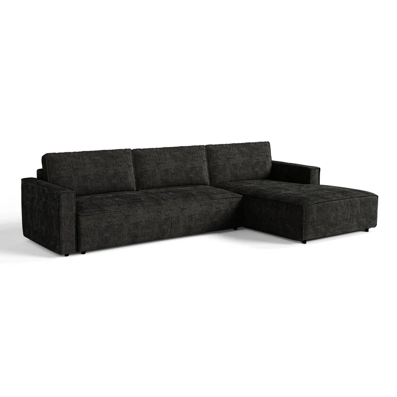 Canapé d'angle droit convertible avec coffre finition noyer LENO Velours tramé