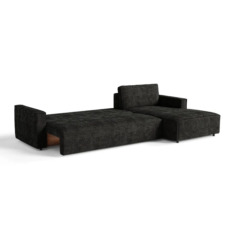 Canapé d'angle droit convertible avec coffre finition noyer LENO Velours tramé