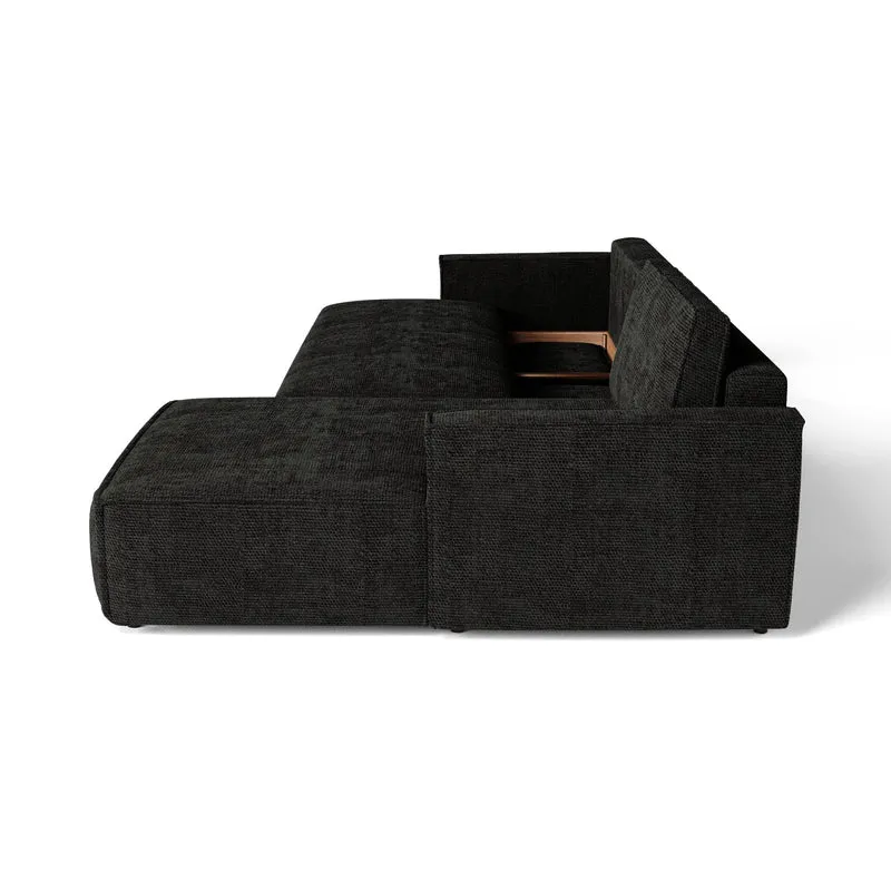 Canapé d'angle droit convertible avec coffre finition noyer LENO Velours tramé