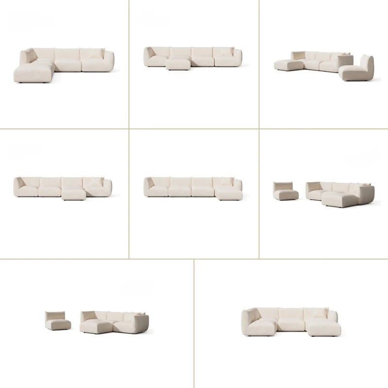 Canapé grand angle gauche modulable 7 places NOOMA velours chenillé crème