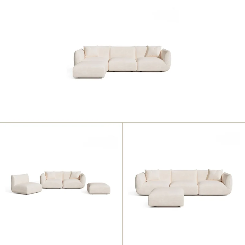 Canapé d'angle modulable 5-6 places NOOMA velours chenillé crème