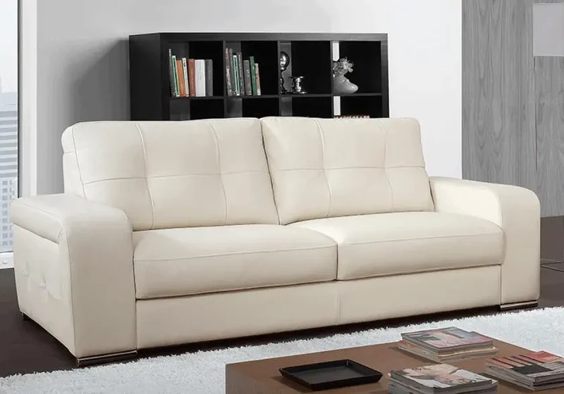 Canapé convertible droit en cuir crème - Cléa