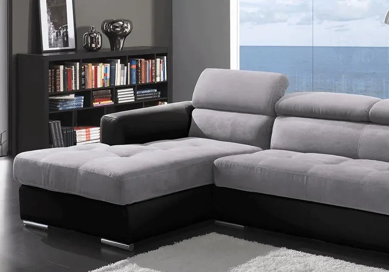 Canapé d'angle modulable cuir noir et tissu gris - Alexa