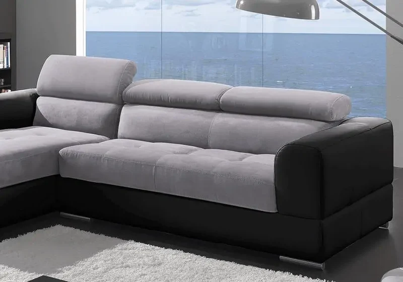 Canapé d'angle modulable cuir noir et tissu gris - Alexa
