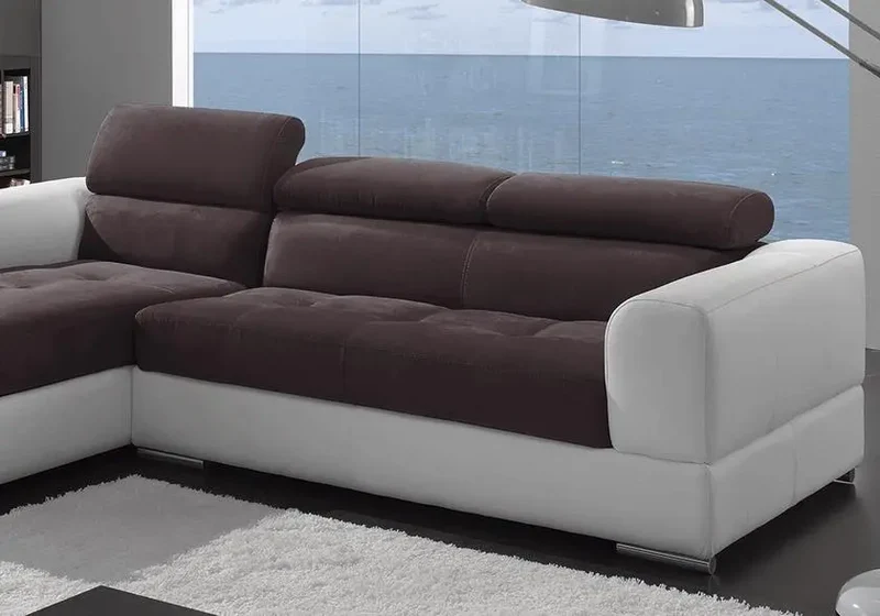 Canapé d'angle modulable cuir blanc tissu marron - Alexa