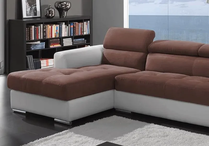 Canapé d'angle modulable cuir blanc tissu choco - Alexa