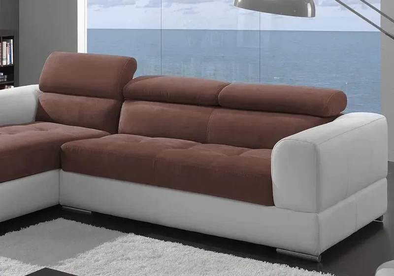 Canapé d'angle modulable cuir blanc tissu choco - Alexa