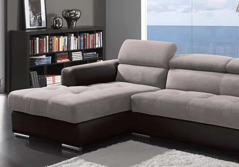 Canapé d'angle modulable cuir marron tissu taupe - Alexa