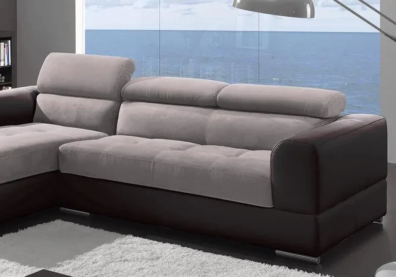Canapé d'angle modulable cuir marron tissu taupe - Alexa