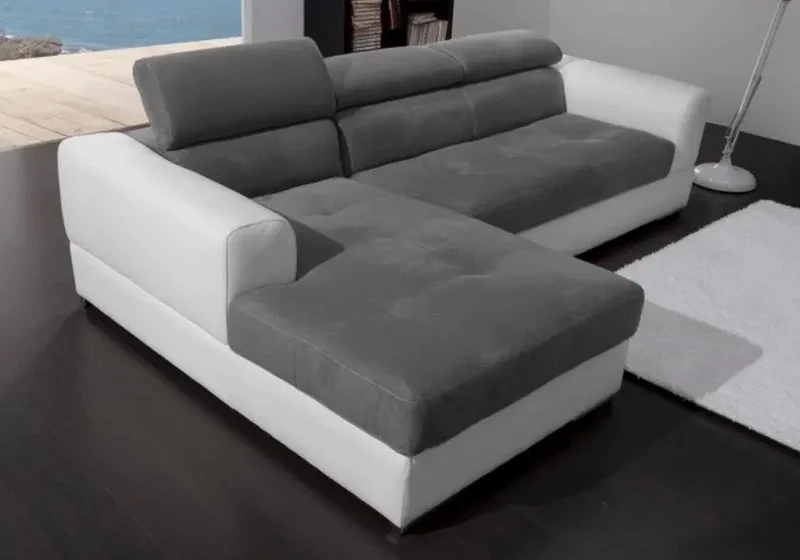 Canapé d'angle modulable cuir blanc tissu gris - Alexa