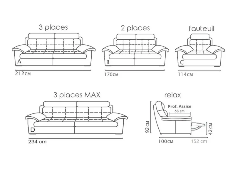 Canapé droit relax ou fixe en cuir noir - Marc