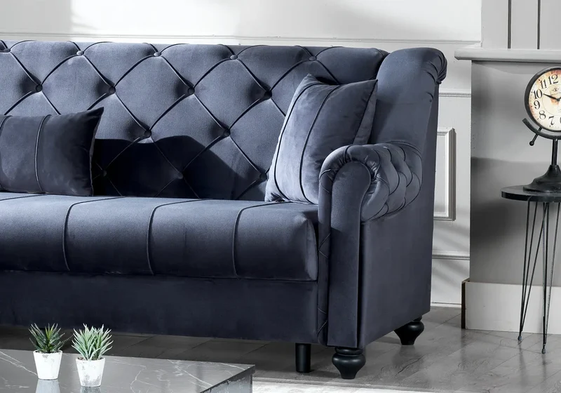 Canapé méridienne velours bleu nuit capitonné – MEVA
