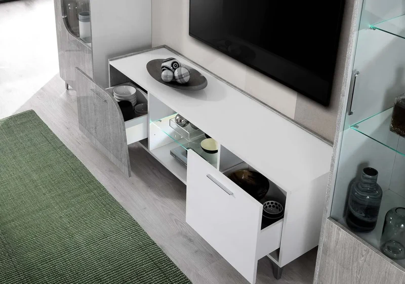 Mur TV chêne gris laqué led LIPARI