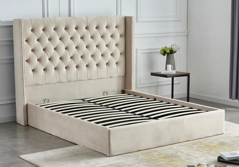 Lit coffre capitonné velours beige - Chester