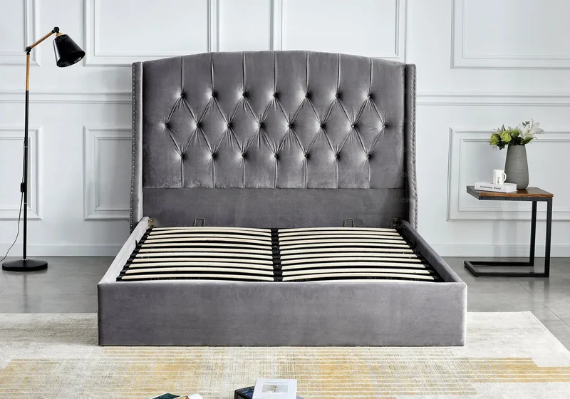 Lit coffre capitonné velours gris - Gina