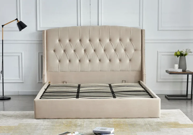 Lit coffre capitonné velours beige - Gina