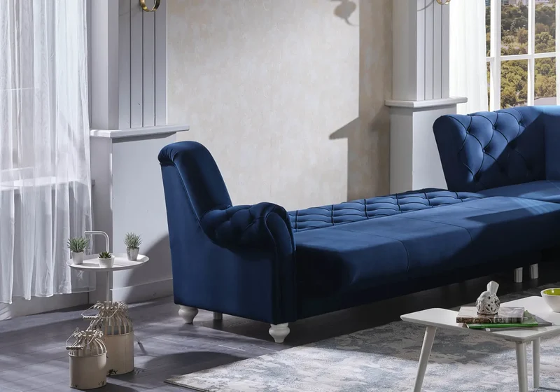 Canapé d’angle capitonné velours bleu – MEVA