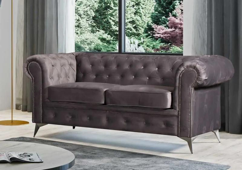 Canapé Chesterfield velours gris - Hugo