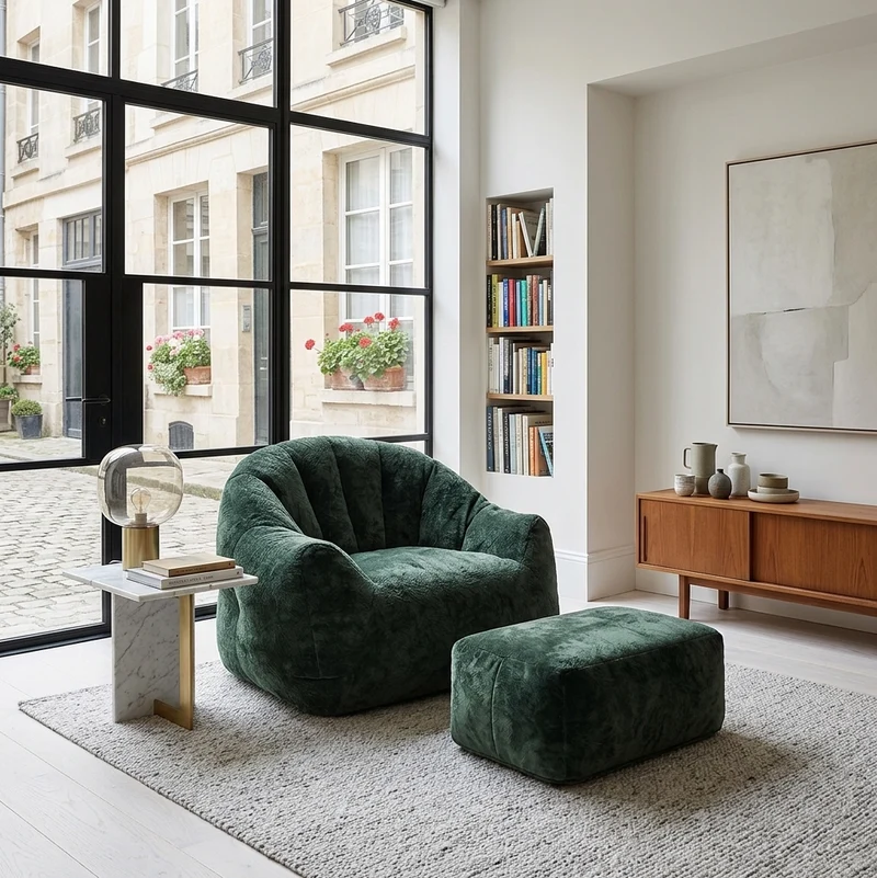 Fauteuil rond matelassé avec repose-pieds vert flanelle avec paillettes sans montage 99x86x65cm CHROMEBAR