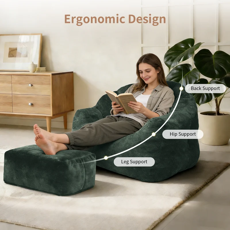 Fauteuil rond matelassé avec repose-pieds vert flanelle avec paillettes sans montage 99x86x65cm CHROMEBAR