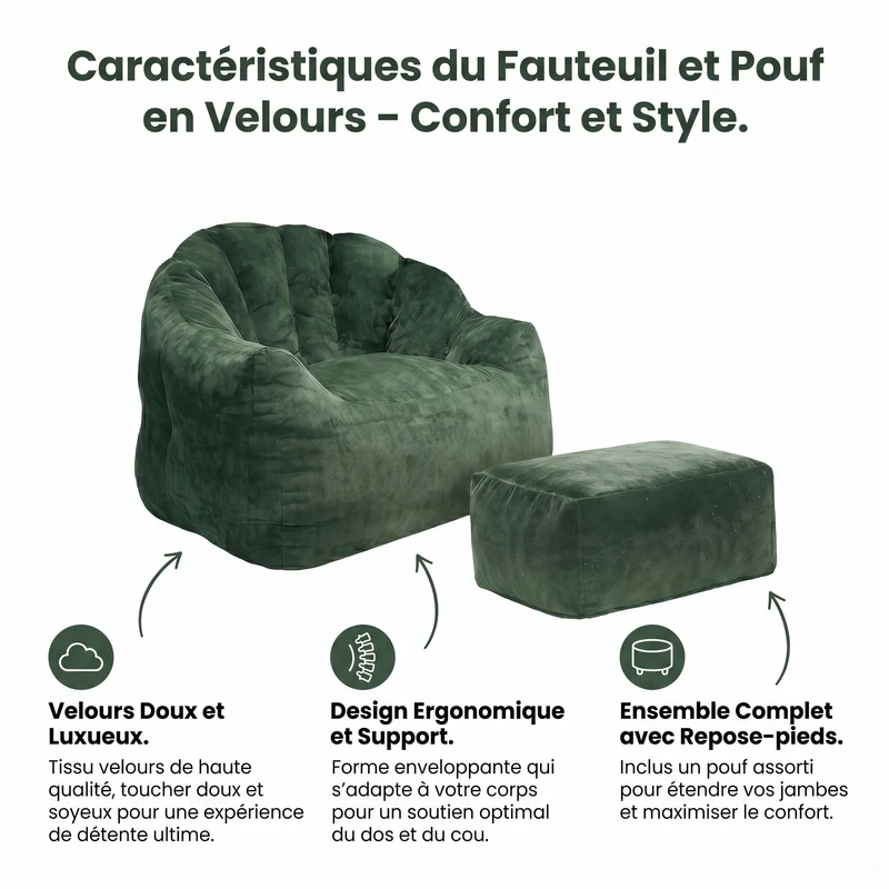 Fauteuil rond matelassé avec repose-pieds vert flanelle avec paillettes sans montage 99x86x65cm CHROMEBAR