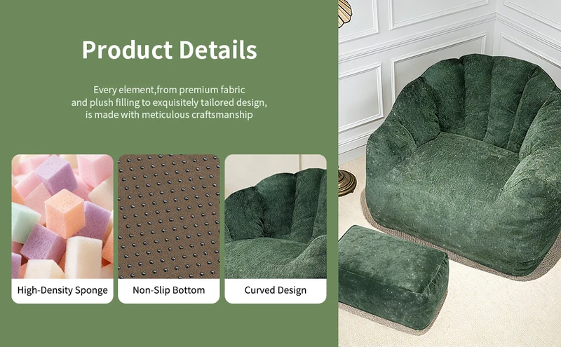 Fauteuil rond matelassé avec repose-pieds vert flanelle avec paillettes sans montage 99x86x65cm CHROMEBAR