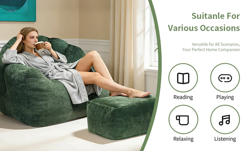 Fauteuil rond matelassé avec repose-pieds vert flanelle avec paillettes sans montage 99x86x65cm CHROMEBAR