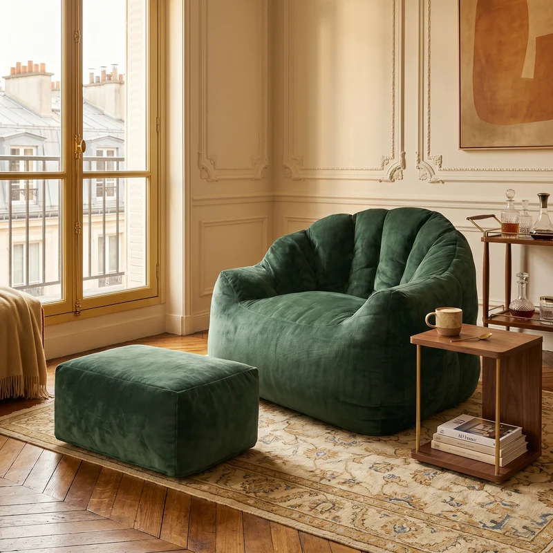 Fauteuil rond matelassé avec repose-pieds vert flanelle avec paillettes sans montage 99x86x65cm CHROMEBAR