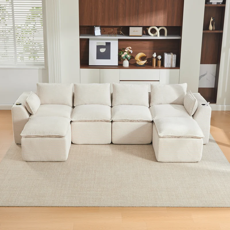 Canapé modulable 4 places avec 2 poufs et coussins Velours côtelé beige, poches latérales et porte-gobelet BENCHPURE
